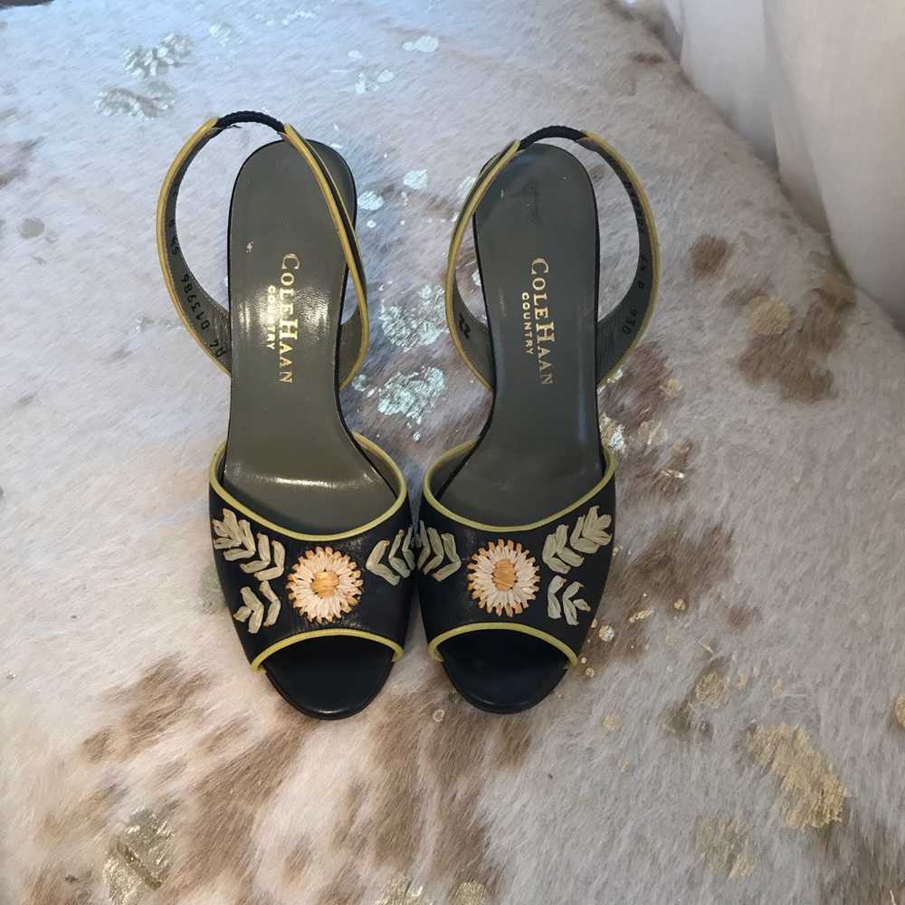 Floral Embellished Black Leather Slingbacks